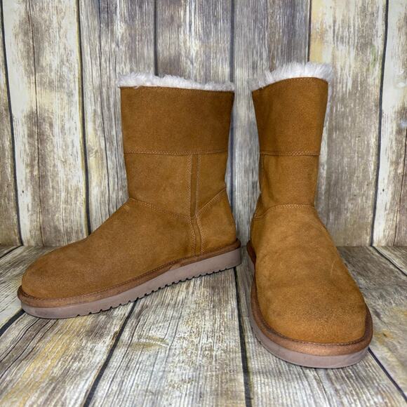 Koolaburra by UGG Aribel Short Shearling Boots Cozy Suede Neutral Chestnut Sz 10 - Picture 1 of 10